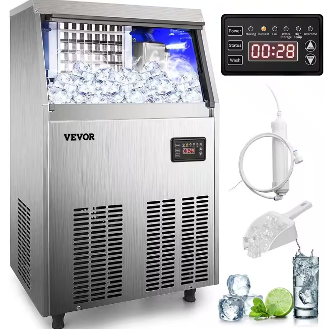 Vevor 110 lb. / 24 Hour Commercial Freestanding Only Food Grade Construction Flake Ice Machine for Seafood Restaurant, Silver
