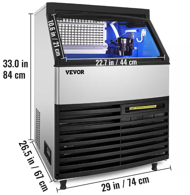 Vevor 270 lb. 24 H Freestanding Commercial Ice Maker in Silver Stainless Steel with 77 lb. Ice Bin with LED Panel, 110-Volt