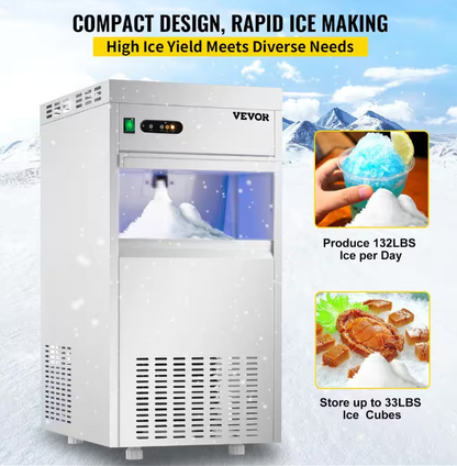 Vevor 132 lb. Freestanding Commercial Snowflake Ice Maker ETL Approved Stainless Steel ConstructionOperation in Silver