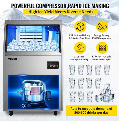 Vevor 88 lb. Freestanding Commercial Ice Maker in Silver Stainless Steel with 19 lb. Ice Bin with LED Panel, 110-Volt