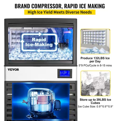 Vevor 132 lb. / 24 H Commercial Ice Maker Freestanding Stainless Steel ice Maker Machine in Silver